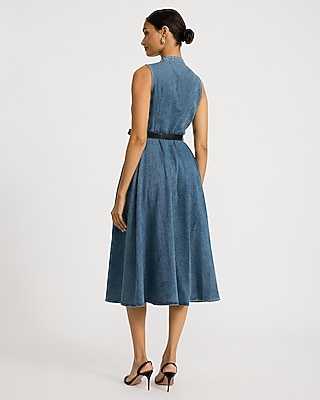 Denim V-Neck Button Front Belted Midi Dress
