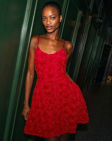 red roses dress Dark 3D Flower Red Gown for wedding with Cathedral Train and Off-Shoulder Backless Natural 7 ROSE REVERIE DRESS RED Women's