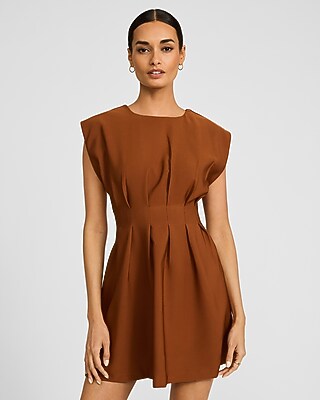 Crew Neck Cap Sleeve Pleated Cinched Waist Mini Dress | Express