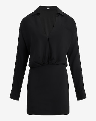 Long Sleeve Surplice Micro Mini Shirt Dress