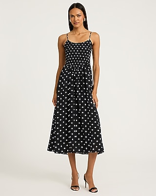 Polka Dot Square Neck Smocked Dipped Waist Maxi Dress