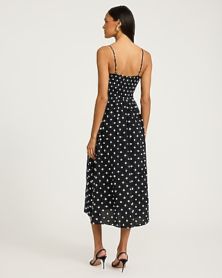 Polka Dot Square Neck Smocked Dipped Waist Maxi Dress