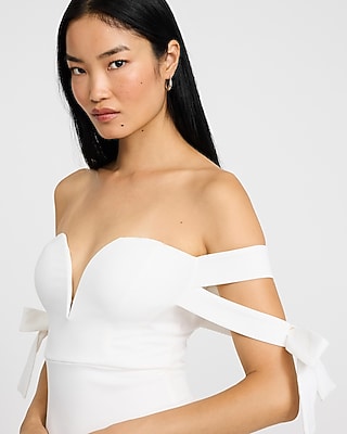 Crepe Off The Shoulder Sweetheart Bow Strap Micro Mini Dress