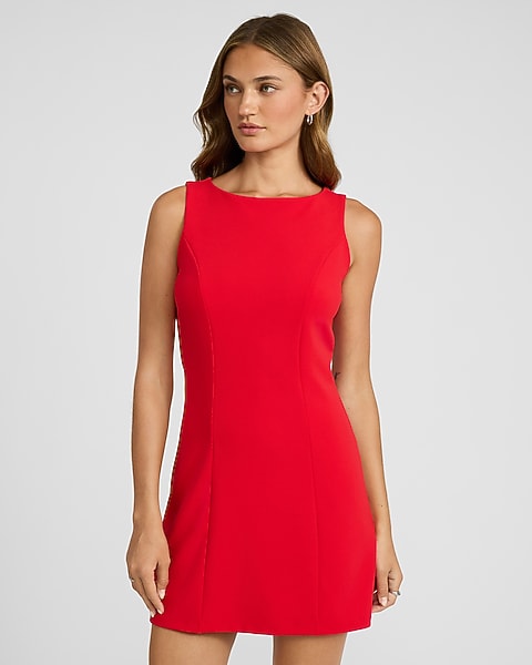 red sheath dress Cross-Neck Bandage - featuring a slender tying sash that lets you cinch the waist Daring Diva Pencil Sleeveless Square