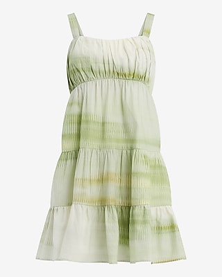Linen-Blend Printed Ruched Sleeveless Tiered Mini Dress