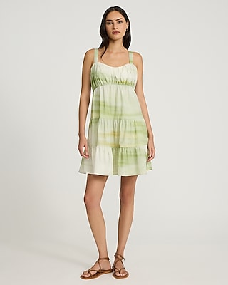 Linen-Blend Printed Ruched Sleeveless Tiered Mini Dress