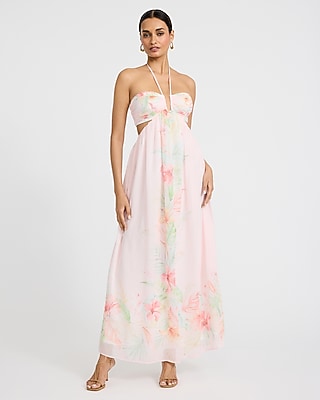 Floral Halter Smocked Back Cutout Tiered Maxi Dress | Express