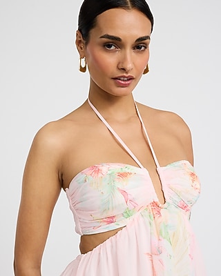Floral Tie Halter Neck Cutout Smocked Back Maxi Dress - image 2