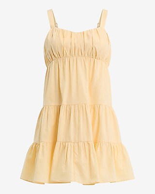 Linen-Blend Ruched Sleeveless Tiered Mini Dress