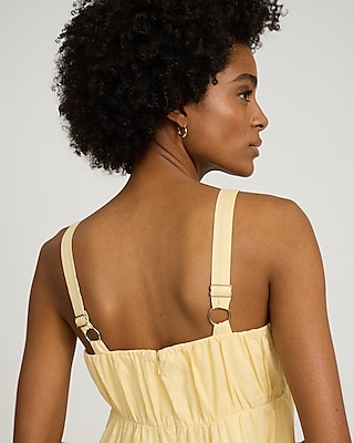 Linen-Blend Ruched Sleeveless Tiered Mini Dress