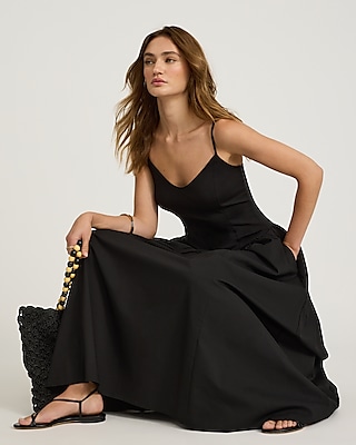 Mixed Media V-neck Sleeveless Drop Waist Midi Dress