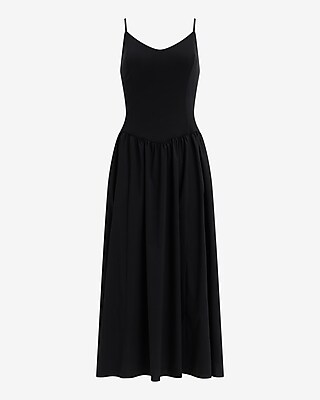 Mixed Media V-Neck Sleeveless Drop Waist Midi Dress