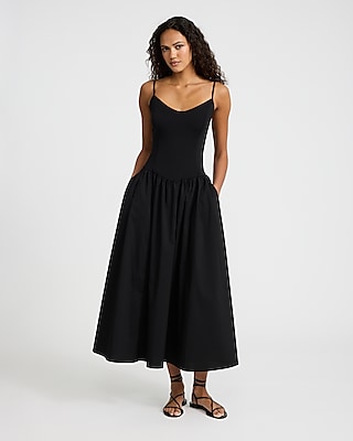 Mixed Media V-Neck Sleeveless Drop Waist Midi Dress