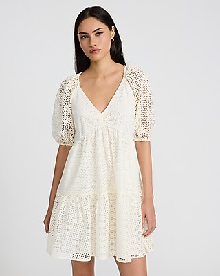 Eyelet V-neck Puff Sleeve Mini Fit And Flare Dress
