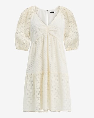Eyelet V-Neck Puff Sleeve Mini Fit and Flare Dress