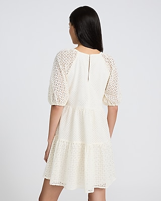 Eyelet V-Neck Puff Sleeve Mini Fit and Flare Dress