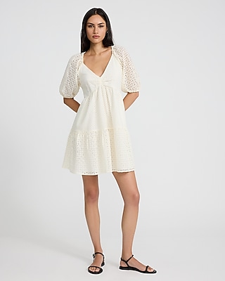 Eyelet V-Neck Puff Sleeve Mini Fit and Flare Dress