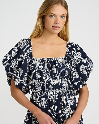 Linen-Blend Embroidered Floral Puff Sleeve Tiered Midi Dress - thumbnail 4