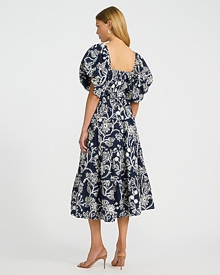 Linen-Blend Embroidered Floral Puff Sleeve Tiered Midi Dress - thumbnail 5