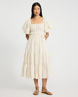 Linen-blend Embroidered Floral Puff Sleeve Tiered Midi Dress | Express