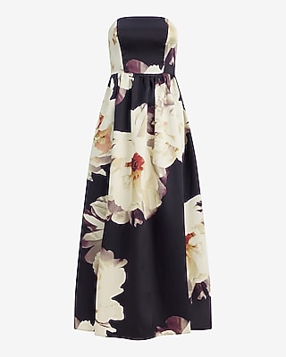 Floral Satin Strapless Fit and Flare Maxi Dress with Pockets