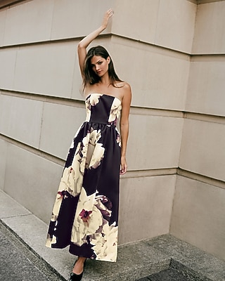 Floral Satin Strapless Fit and Flare Maxi Dress with Pockets