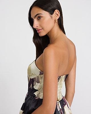 Floral Satin Strapless Fit and Flare Maxi Dress with Pockets