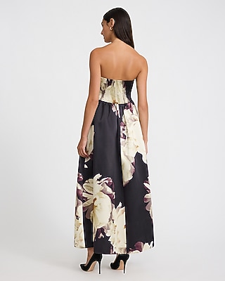 Floral Satin Strapless Fit and Flare Maxi Dress with Pockets