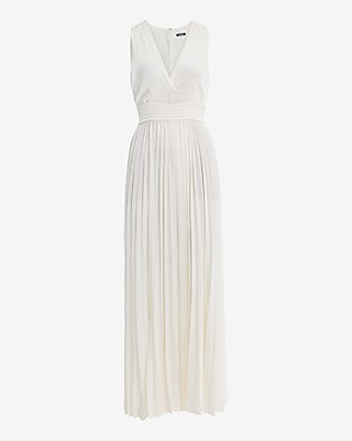 Satin Pleated V-Neck Sleeveless Cutout Maxi Dress