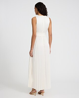 Satin Pleated V-Neck Sleeveless Cutout Maxi Dress