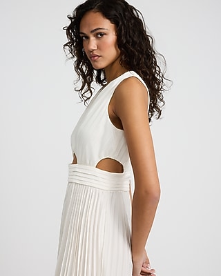 Satin Pleated V-Neck Sleeveless Cutout Maxi Dress
