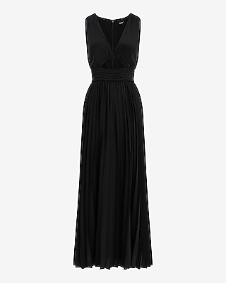 Satin Pleated V-Neck Sleeveless Cutout Maxi Dress
