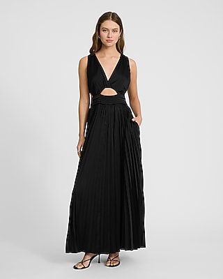 Satin Pleated V-Neck Sleeveless Cutout Maxi Dress