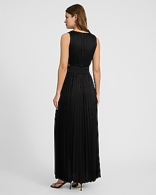 Satin Pleated V-Neck Sleeveless Cutout Maxi Dress