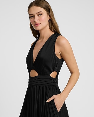 Satin Pleated V-Neck Sleeveless Cutout Maxi Dress