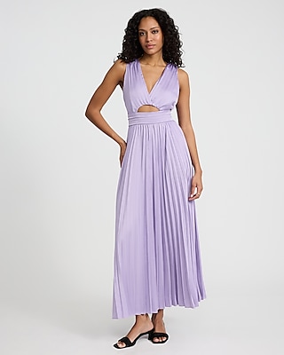 Satin Pleated V-neck Sleeveless Cutout Maxi Dress