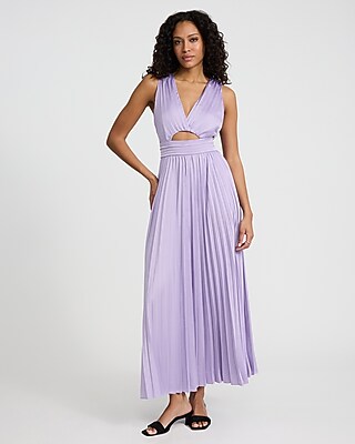 Satin Pleated V-Neck Sleeveless Cutout Maxi Dress with Pockets