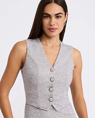 Heathered V-Neck Button Front Vest Stretch Midi Dress