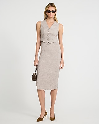 Heathered V-Neck Button Front Vest Stretch Midi Dress