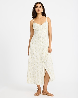 Floral Linen-Blend V-Neck Button Front Midi Dress