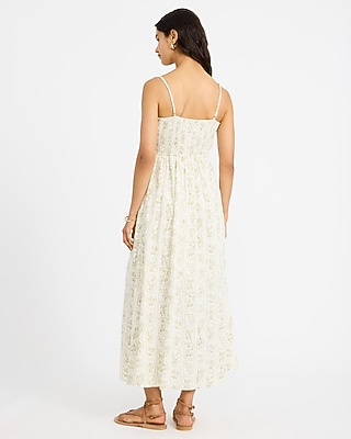Floral Linen-Blend V-Neck Button Front Midi Dress