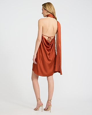 Express Women's Satin Halter Scarf Neck Mini Dress in Orange Medium