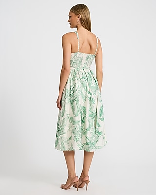 Printed Square Neck Smocked Back Midi Dress with Pockets
