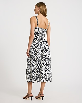 Printed Square Neck Bow Front Smocked Back Midi Dress