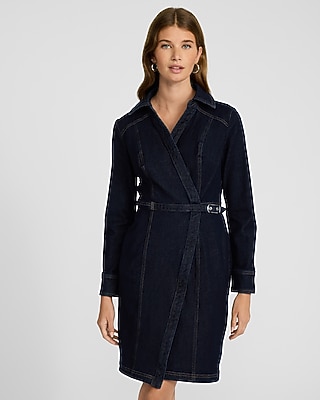 Denim Long Sleeve Belted Wrap Mini Dress | Express
