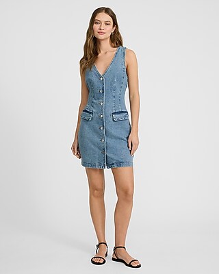 Medium Wash V-neck Mini Denim Vest Dress