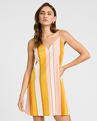 Striped Linen-Blend V-Neck Sleeveless Mini Shift Dress