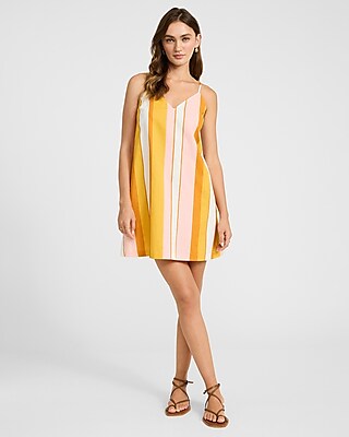 Striped Linen-Blend V-Neck Sleeveless Mini Shift Dress