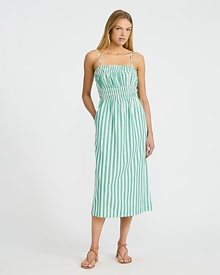 Striped Elastic Waist Sleeveless Midi Dress with Pockets