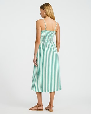 Striped Elastic Waist Sleeveless Midi Dress with Pockets